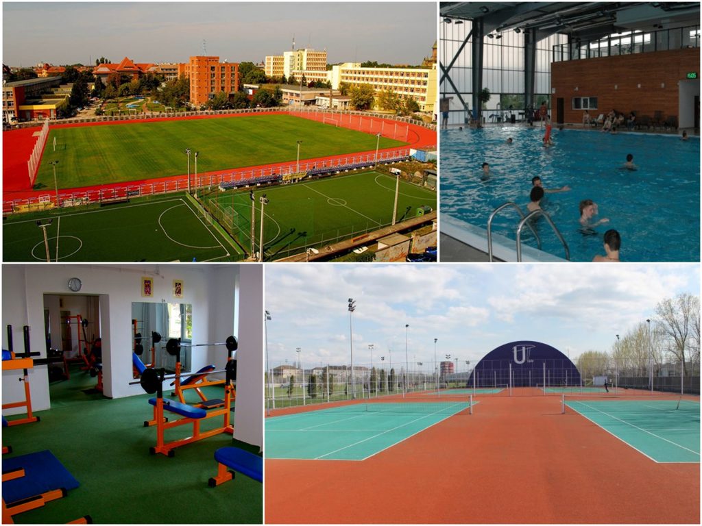 Colaj de imagini. 1 - teren de fotbal și pistă de alergare, 2 - bazin interior de înot, 3 - sală de forță, 4 - terenuri de tenis de câmp